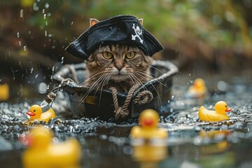 Cheeky cat in a pirate costume steering a makeshift ship in a puddle