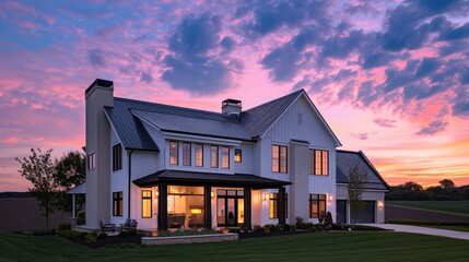 Exterior Modern Farmhouse at Dusk with Pink and Blue Sky,3d rendering of modern cozy clinker house on the ponds with garage and pool for sale or rent with beautiful landscaping on background.  - obrazy, fototapety, plakaty