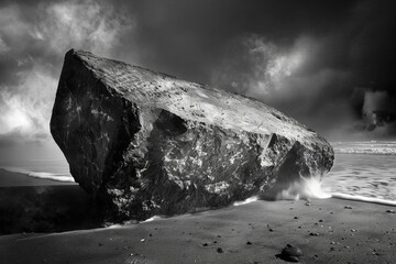 A monochrome rock, its surface resembling a cosmic landscape.