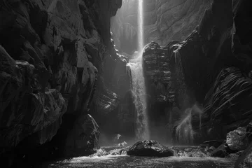 Fotobehang A monochrome waterfall, water cascading over the surface. © Formoney