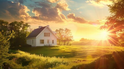 Beautiful white house with sun and a stunning landscape,Countryside landscape with house in the...