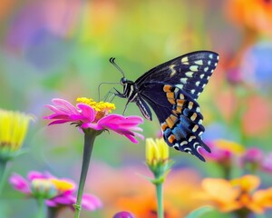 Colorful butterfly perched on a pink zinnia in a vibrant garden