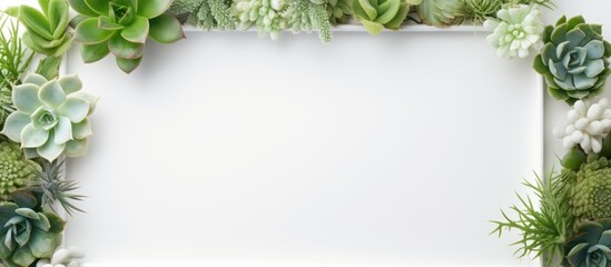 A white rectangle frame is adorned with green succulents on a white background, creating a natural landscape with a peaceful watercourse flowing through the grassy groundcover