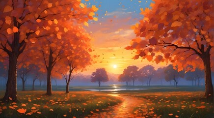 "Experience the vibrant hues of a summer sunset as the orange leaves dance in the warm breeze, adorned with sparkling dew drops."