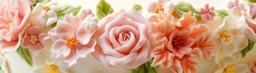 Close-up of a cake with detailed sugarcraft flowers in pastel colors