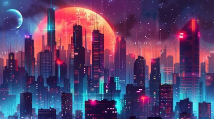 Futuristic Cityscape Illuminated by Neon Lights Under a Starry Sky