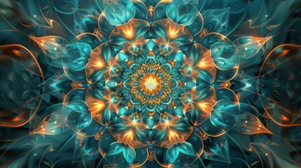 Abstract fractal art featuring a symmetrical pattern with glowing blue and orange hues.