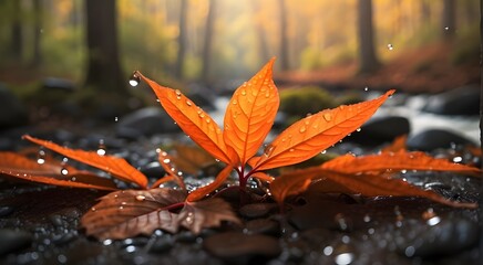 autumn leaves in water, "Immerse yourself in the beauty of nature as the dark backdrop of the forest is brought to life by the vivid orange leaves of summer, adorned with delicate dew drops."