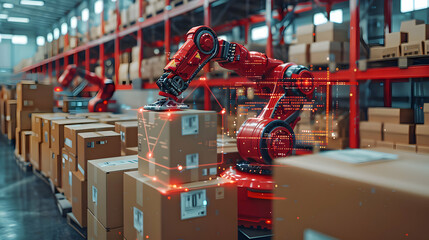 red warehouse robots handling boxes - automation, fulfillment, logistics