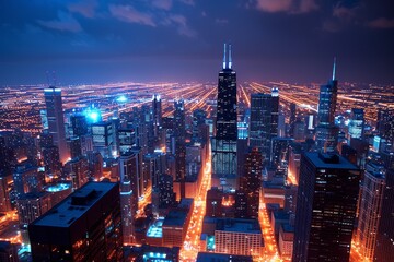 The Chicago city skyline at night
