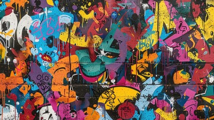 Vibrant seamless pattern of colorful graffiti art on weathered concrete wall.
