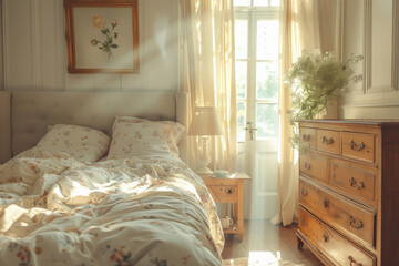 English country vintage bedroom interior with morning sunlight through window. Vintage bedroom design concept illustration.