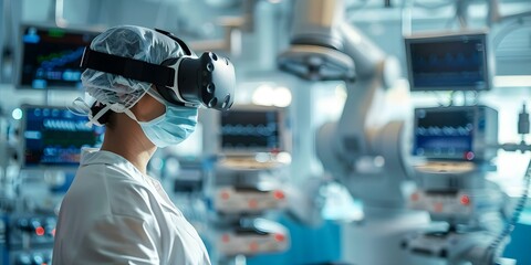 Surgeon uses virtual reality headset to operate patient with medical robot. Concept Medical Technology, Virtual Reality in Surgery, Robotic Surgery, Advanced Healthcare, Surgical Innovation
