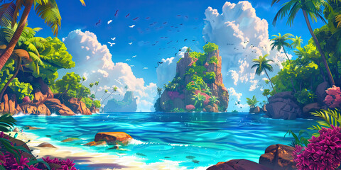 Fototapeta na wymiar Anime tropical waters, video game style graphic resource illustration background tropics vibrant ocean backdrop, generated ai