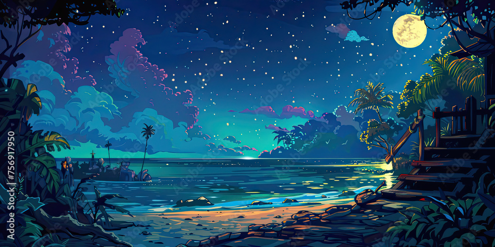 Wall mural night anime ocean, retro video game style graphics sea view background, generated ai