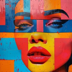 Striking Street Art of Woman's Face with Bold, Vivid Colors, a Modern Urban Expression of Beauty and Artistic Creativity

