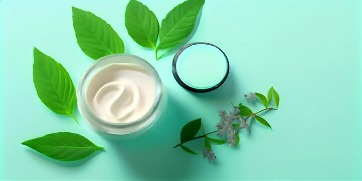 lay flay space copy and view top skincare aromatherapy cosmetics natural concept background blue light a on flowers and leaf green with jar a in cream cosmetic