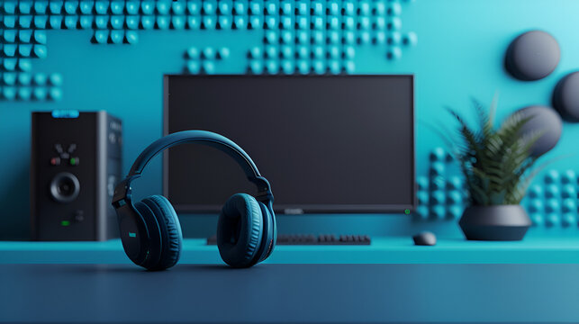 Black standard keypad headphones and game console on a blue background, generative Ai