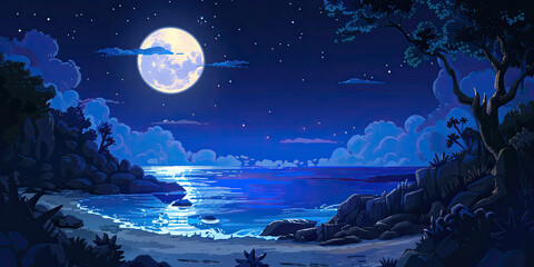 Night anime ocean, retro video game style graphics sea view background, generated ai