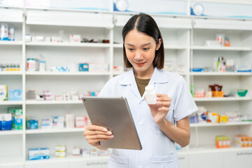 Professional Pharmacist woman in uniform holding medicine bottle talks to patient via online video conferencing advice to customers standing near drug shelves counter. Pharmacist inventory medicine