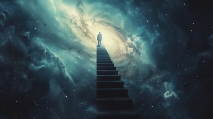 A lone figure ascends a surreal stairway towards a luminous galactic core, embodying a metaphysical quest through the cosmos