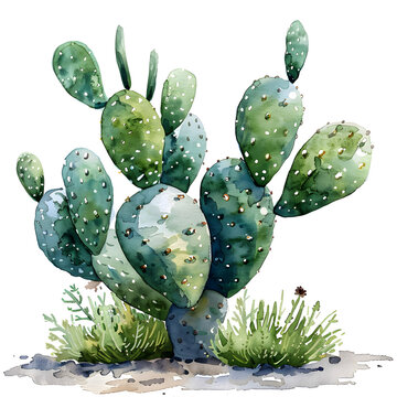 Watercolor illustration of Cactus, high detail, watercolor effect, soft colors, blended white background watercolor