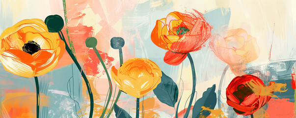 Fototapeta premium Botanical art banner with spring flowers. Abstract background .
