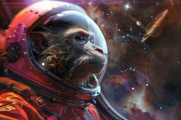 a monkey wearing a spacesuit and a helmet, flying a spaceship and exploring the galaxy