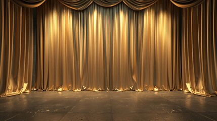 Golden theater curtain on an empty stage.