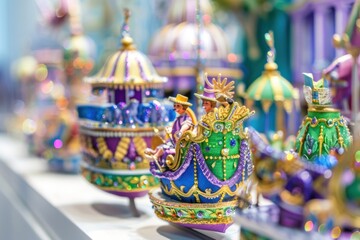 Handcrafted miniature Mardi Gras parade floats with intricate details and vibrant colors. - obrazy, fototapety, plakaty