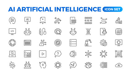 Set of Ai artificial intelligence icon set vector collection. AI Essentials line Icon collection, artificial intelligence icon set in line style, machine learning, smart robotic Free Vector
