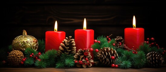 Three magenta candles illuminate the dark room, accompanied by pine cones and festive decorations, creating a cozy ambiance for the Christmas event