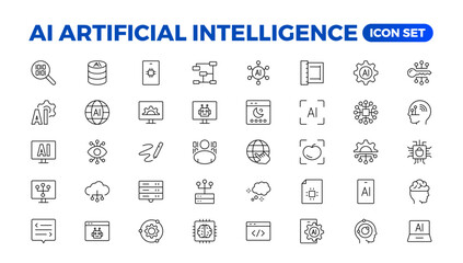 Fototapeta na wymiar Set of Ai artificial intelligence icon set vector collection. AI Essentials line Icon collection, artificial intelligence icon set in line style, machine learning, smart robotic Free Vector