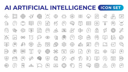 Fototapeta na wymiar Set of Ai artificial intelligence icon set vector collection. AI Essentials line Icon collection, artificial intelligence icon set in line style, machine learning, smart robotic Free Vector