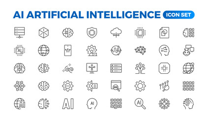 Set of Ai artificial intelligence icon set vector collection. AI Essentials line Icon collection, artificial intelligence icon set in line style, machine learning, smart robotic Free Vector