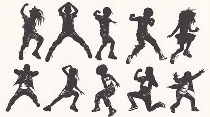Children dancing street dance silhouette vector illustration, generative Ai