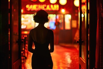 Dramatic silhouette of a woman exiting a venue with vibrant neon signage in the background.