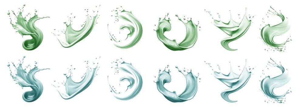 2 Set of pastel green turquoise blue cream liquid paint ink splash swirl wave on transparent background cutout, PNG file. Many assorted different design. Mockup template for artwork graphic design