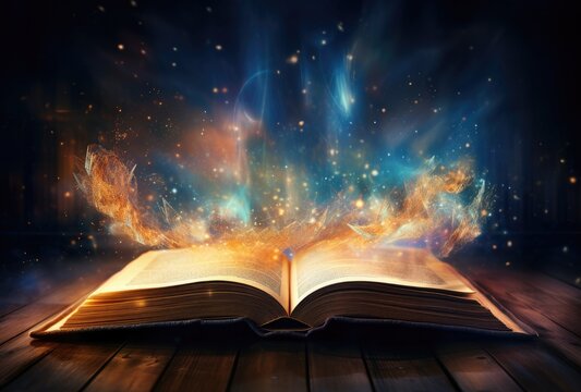 An open book with pages glowing, representing the universe of knowledge and inspiration. The background is dark with stars and galaxies