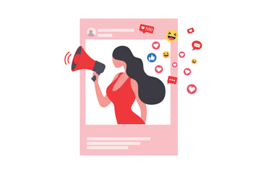 Beautiful woman shouting in loud speaker with social media icons. Influencer social media marketing, blogger, vlogging, social influencer and influencer marketing concept vector illustration