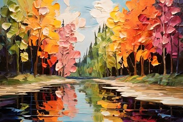 autumn leaves in water painting. Pallet knife, impasto