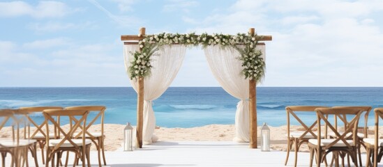 A beach wedding ceremony under a wooden arch with chairs, surrounded by water and sky. The couple exchanges vows as clouds pass by, creating a picturesque scene