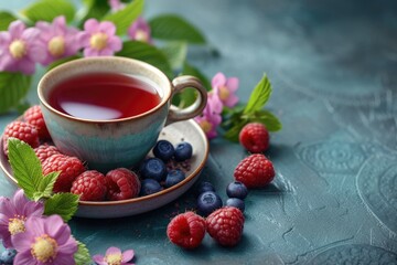 Obraz na płótnie Canvas Fruit tea with raspberries, blueberries and mint on a blue background