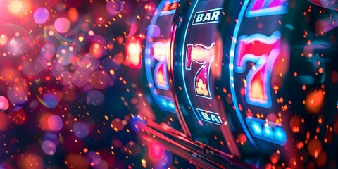 Vibrant casino slot machine backdrop illuminated by colorful lights and flares. Concept Casino Slot Machine, Colorful Lights, Vibrant Backdrop