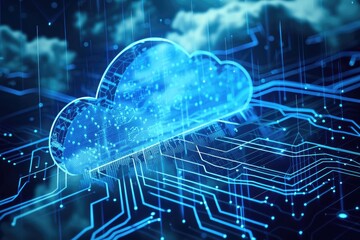 Digital illustration of a secure cloud blue circuitry, exuding a sense of technological security and connectivity.