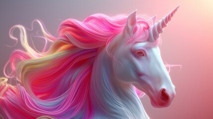 A fairy-tale unicorn with pink and rainbow mane on a pink background