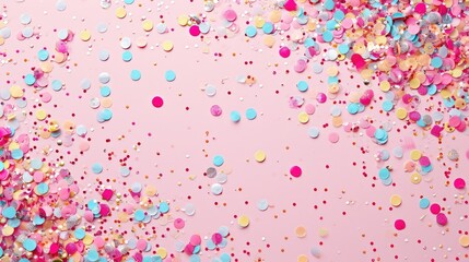 Colorful confetti and sparkling decorations scattered on a trendy pastel pink background, creating a lively and festive atmosphere.