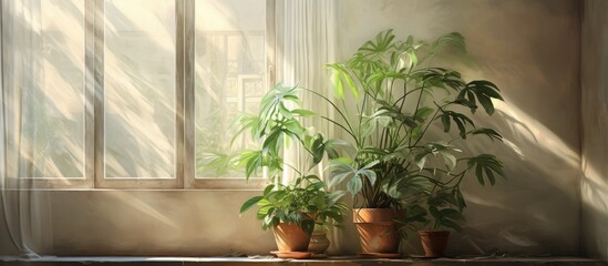 Two houseplants in flowerpots are placed on a windowsill in front of a window, showcasing their terrestrial plants, with a backdrop of wood flooring and a twig decoration