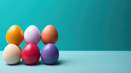 Colorful Easter eggs stacked on a blue surface with turquoise wall background and copy space