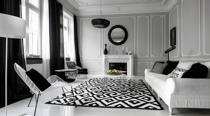 Spacious classic living room in black and white. Interior designed with style